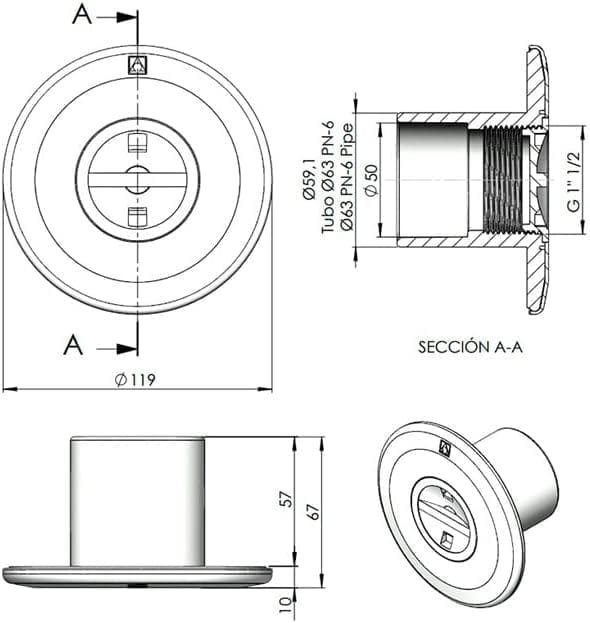 Suinga Boquilla de Aspiración para Conexión de Limpiafondos en Piscinas de Hormigón - Imagen 2