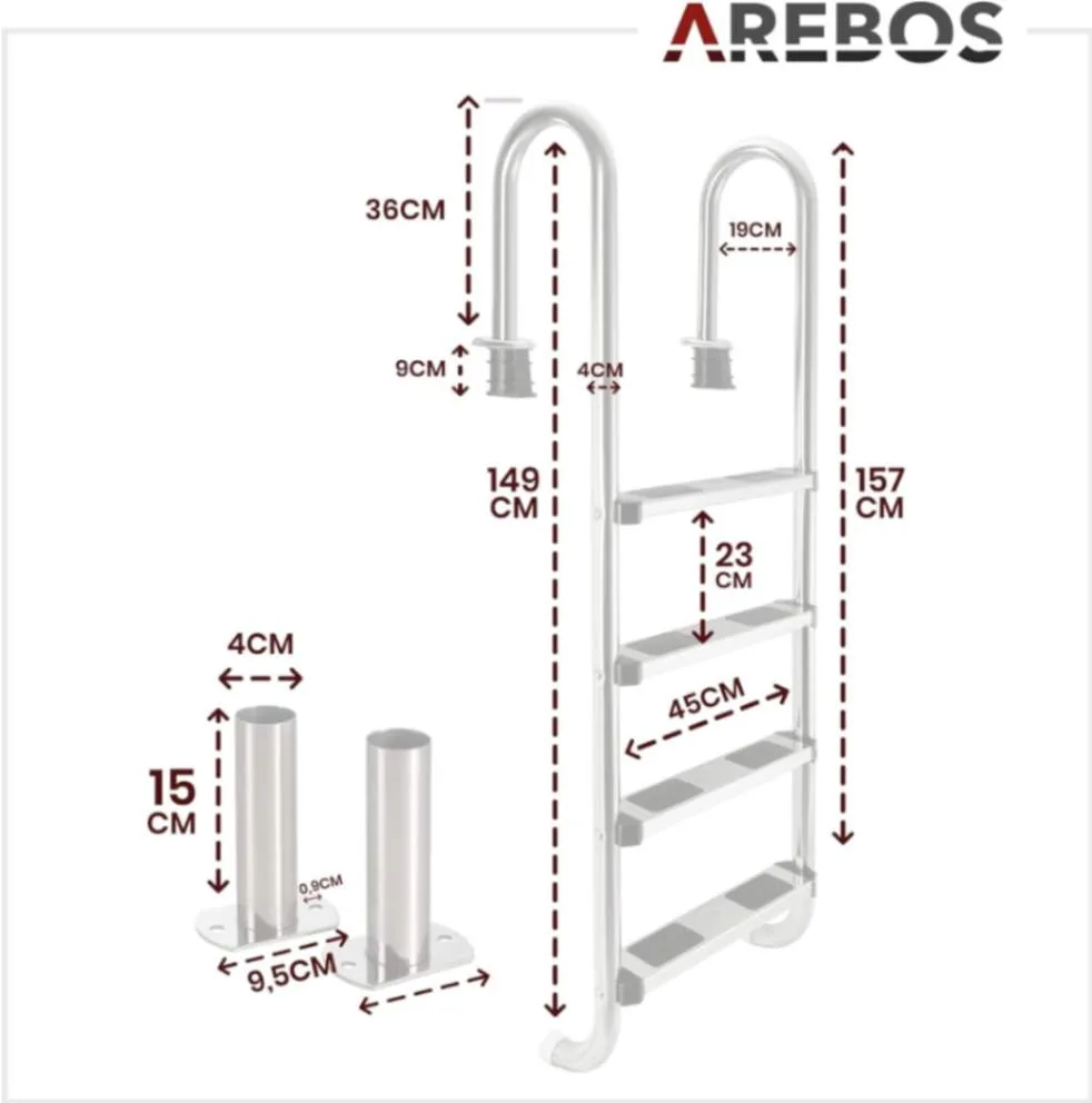 Escalera para Piscina de Acero Inoxidable 4 Peldaños Antideslizantes - Imagen 2