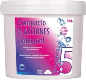 Compacto 5 ACCIONES AQUAPOOL (200 GR) - Pastillas de Cloro Multifunción - 5 KG