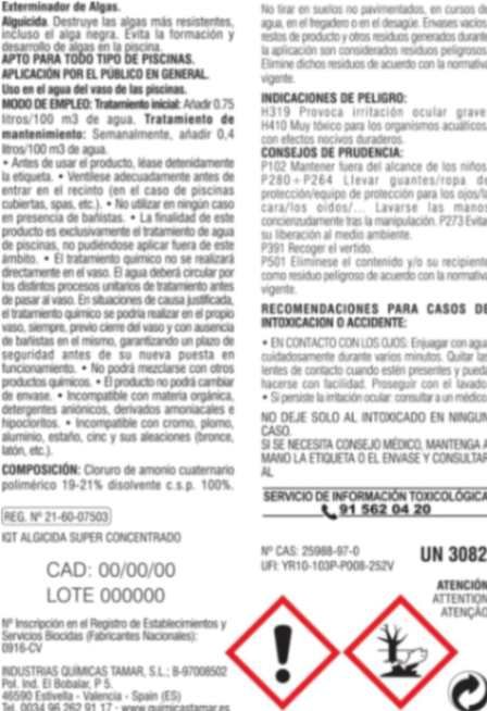 Tamar Exterminador de Algas, Mayor Concentración, Alguicida no Espumante, Biocida Especial para Piscinas, 1 Litro - Imagen 2