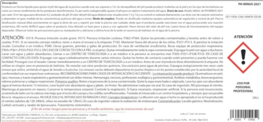 Minorador de pH para Dosificación PH Minus 20 Litros -Ácido Sulfúrico al 15%- - Imagen 2
