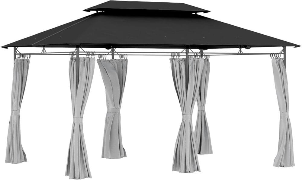 Pérgola de Jardín Outsunny con Techo Doble y Cortinas Desmontables, 4x3 m
