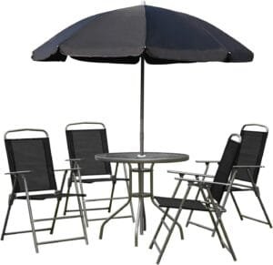 Juego de Jardín Outsunny 6 Piezas con Sombrilla, Mesa Redonda y Sillas Plegables