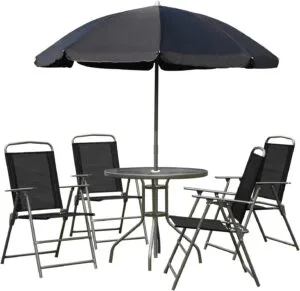 Juego de Jardín Outsunny 6 Piezas con Sombrilla, Mesa Redonda y Sillas Plegables