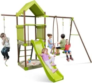 Juego de Columpios para Niños 7 en 1 COSTWAY, Color Verde, 2,6 x 3,2 x 2,48 m